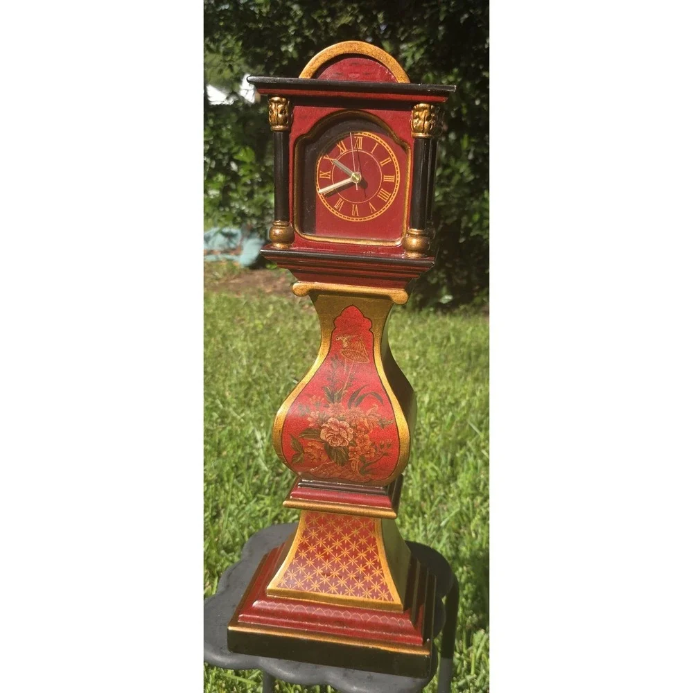 Miniature Grandfather Clock Red Floral Chinoiserie Mantle Table clock no work